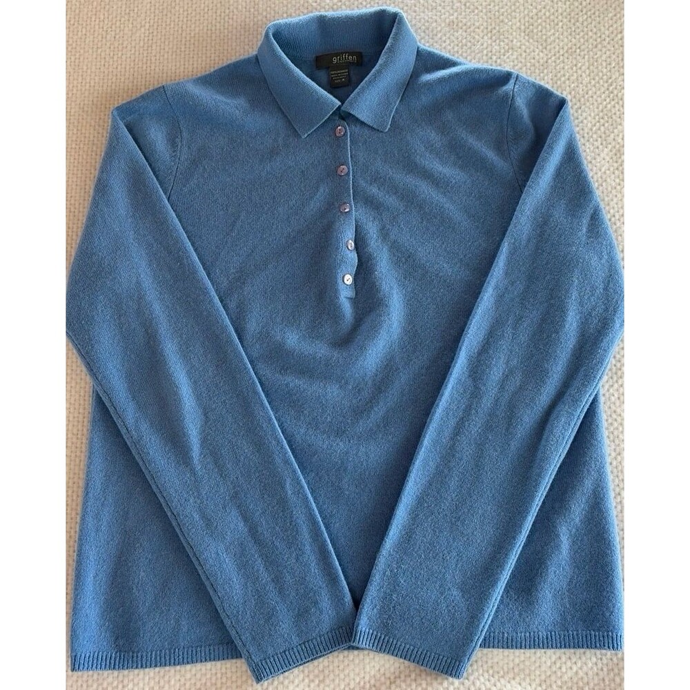Griffen Cashmere 100% Cashmere Long Sleeve Polo Sweater Blue Size M